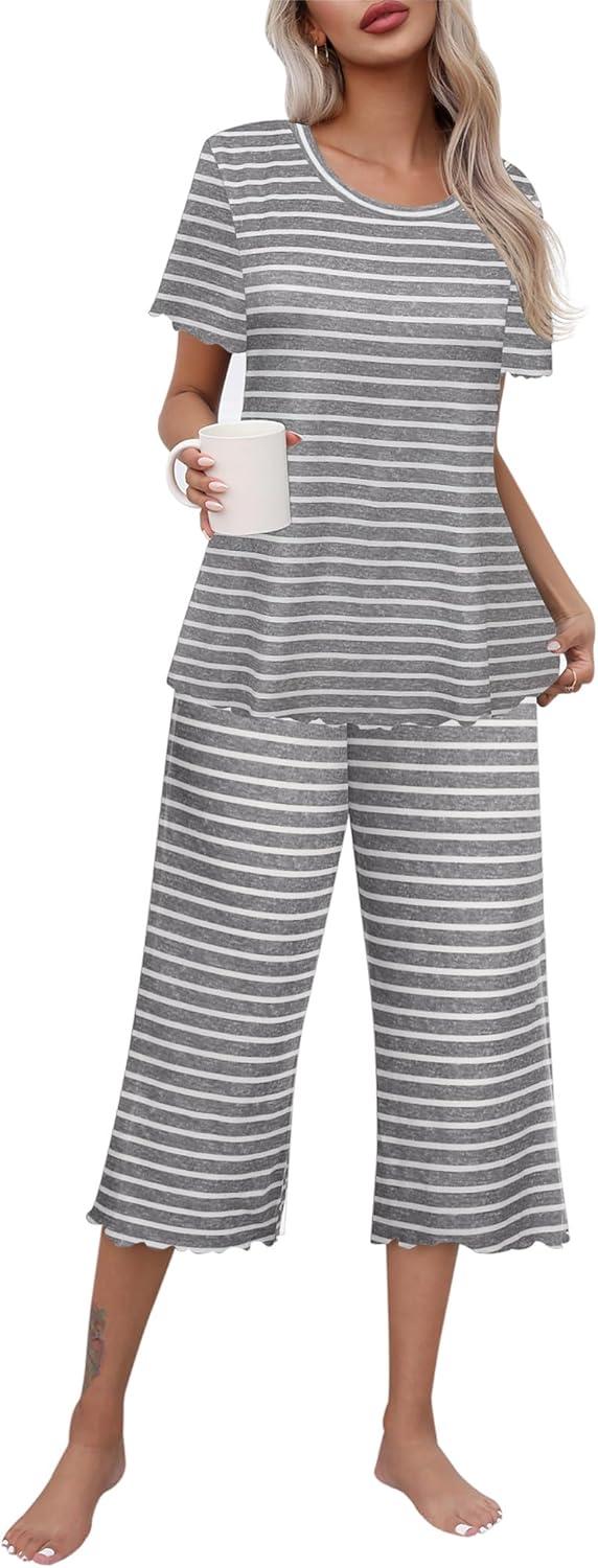 imageEkouaer Womens Pajamas Set Short Sleeve Top With Capri Pants Pjs Lounge amp Sleepwear Set SXXLGrayWhite Stripe