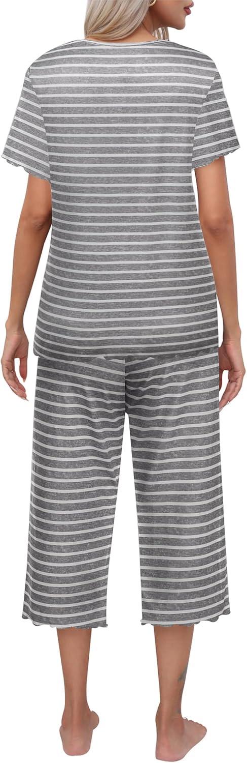 imageEkouaer Womens Pajamas Set Short Sleeve Top With Capri Pants Pjs Lounge amp Sleepwear Set SXXLGrayWhite Stripe