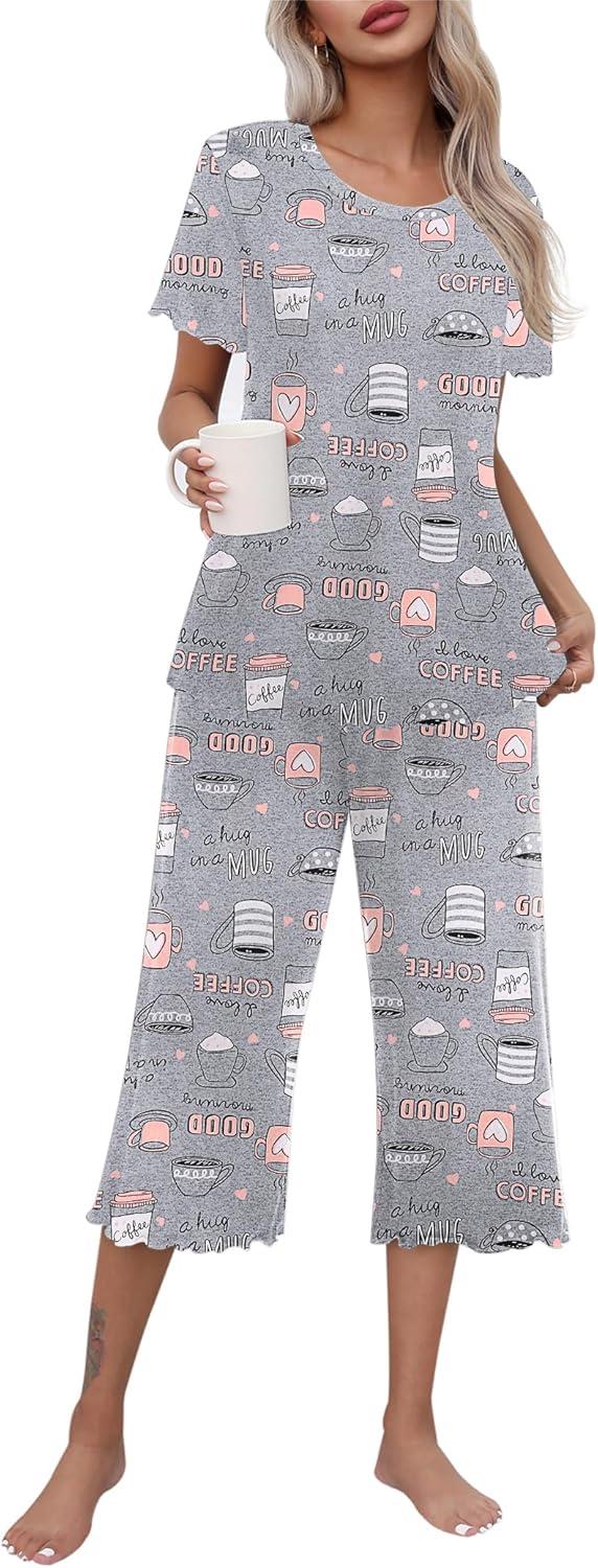 imageEkouaer Womens Pajamas Set Short Sleeve Top With Capri Pants Pjs Lounge amp Sleepwear Set SXXLGreyCoffee Cup