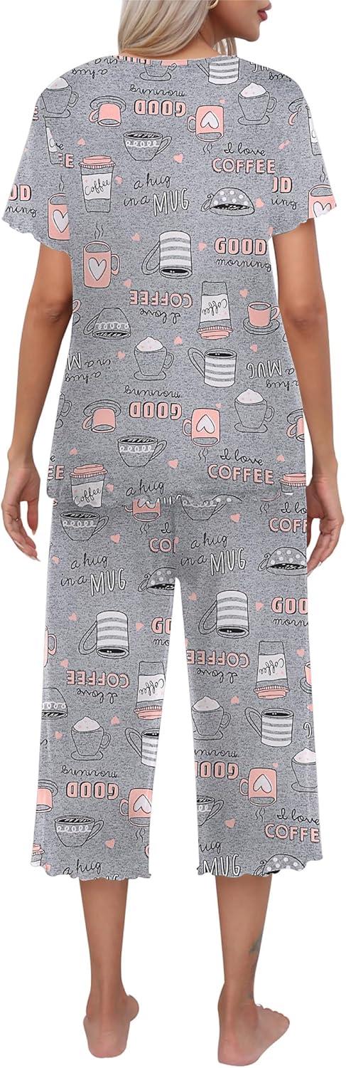 imageEkouaer Womens Pajamas Set Short Sleeve Top With Capri Pants Pjs Lounge amp Sleepwear Set SXXLGreyCoffee Cup