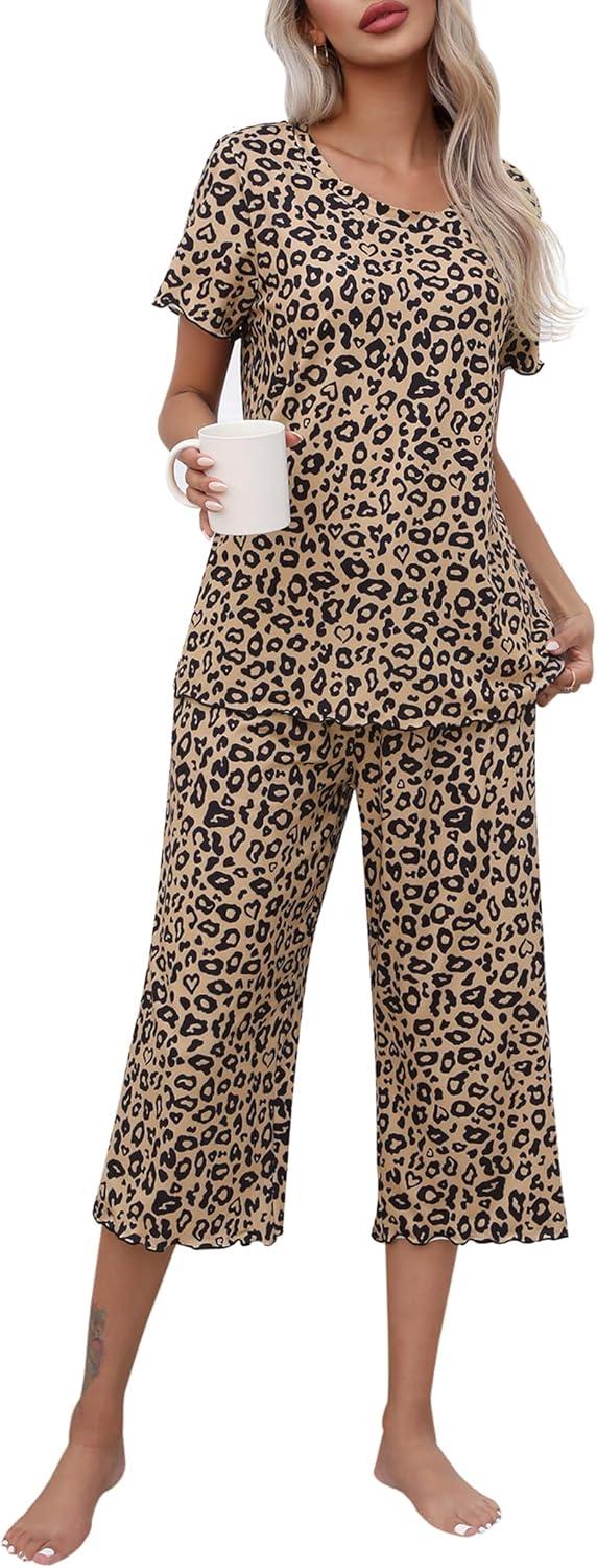imageEkouaer Womens Pajamas Set Short Sleeve Top With Capri Pants Pjs Lounge amp Sleepwear Set SXXLLeopard