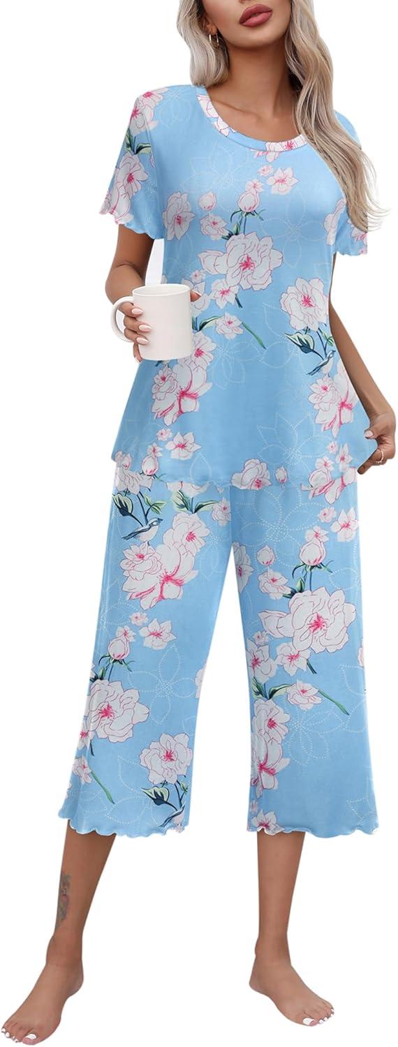 imageEkouaer Womens Pajamas Set Short Sleeve Top With Capri Pants Pjs Lounge amp Sleepwear Set SXXLLight BlueWhit Flower