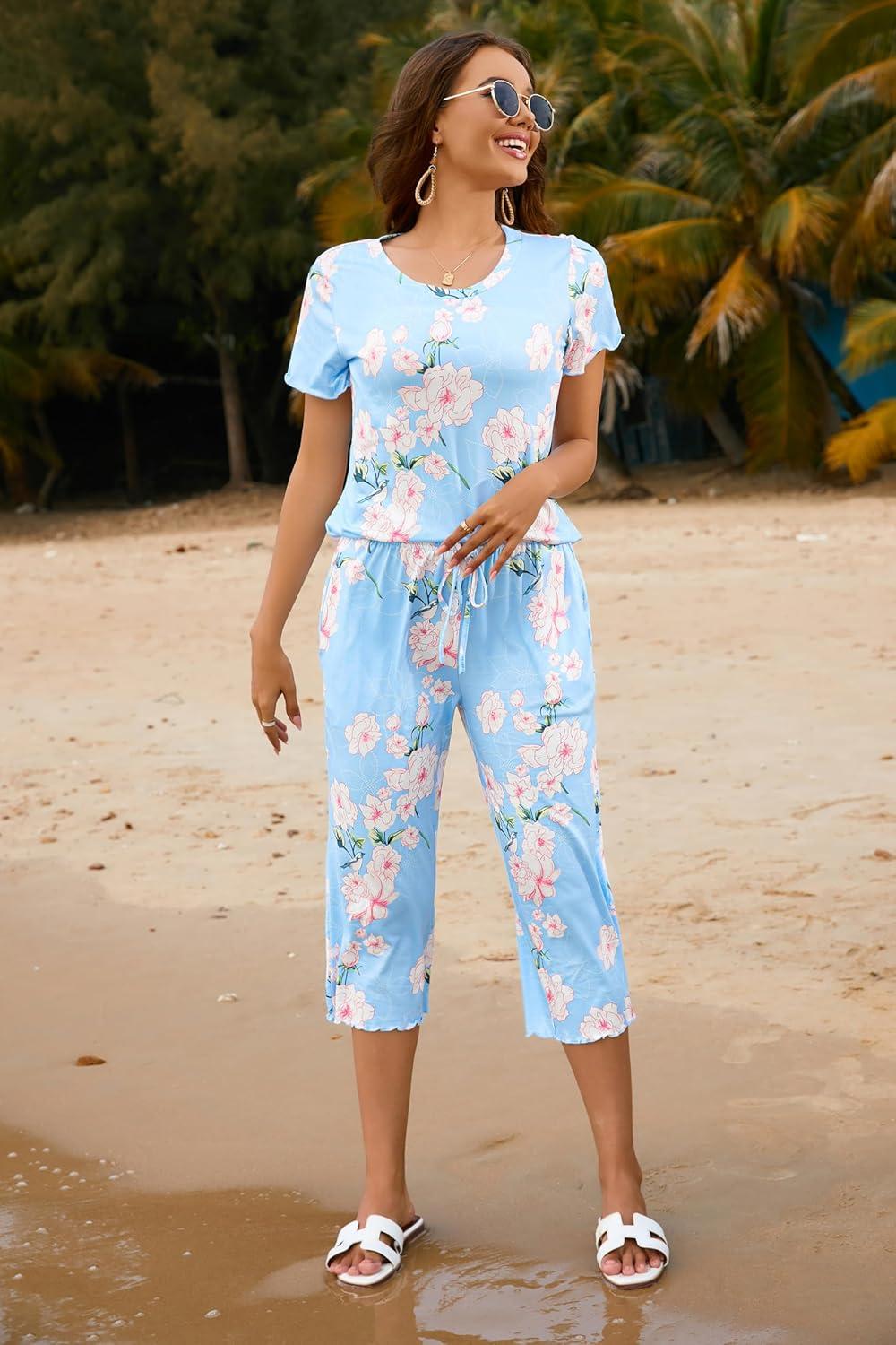 imageEkouaer Womens Pajamas Set Short Sleeve Top With Capri Pants Pjs Lounge amp Sleepwear Set SXXLLight BlueWhit Flower
