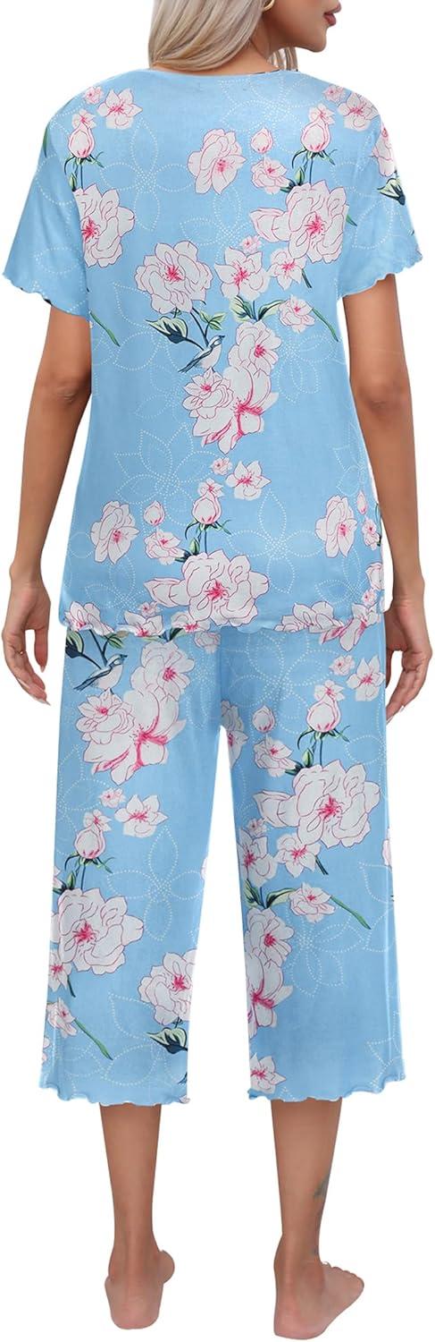 imageEkouaer Womens Pajamas Set Short Sleeve Top With Capri Pants Pjs Lounge amp Sleepwear Set SXXLLight BlueWhit Flower