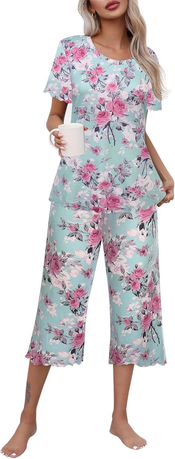 imageEkouaer Womens Pajamas Set Short Sleeve Top With Capri Pants Pjs Lounge amp Sleepwear Set SXXLMint GreenPink Rose