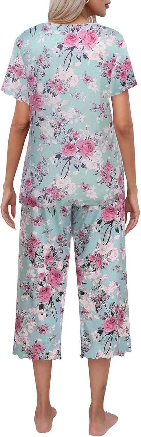 imageEkouaer Womens Pajamas Set Short Sleeve Top With Capri Pants Pjs Lounge amp Sleepwear Set SXXLMint GreenPink Rose