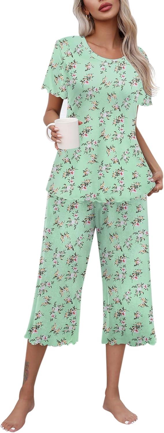 imageEkouaer Womens Pajamas Set Short Sleeve Top With Capri Pants Pjs Lounge amp Sleepwear Set SXXLMint GreenWhite Flower