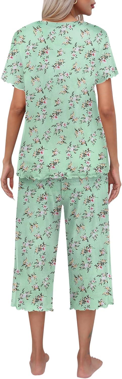 imageEkouaer Womens Pajamas Set Short Sleeve Top With Capri Pants Pjs Lounge amp Sleepwear Set SXXLMint GreenWhite Flower