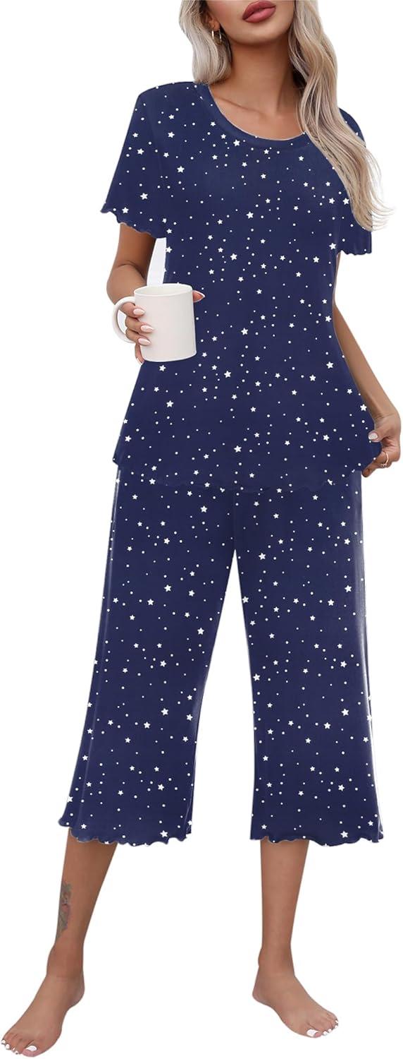 imageEkouaer Womens Pajamas Set Short Sleeve Top With Capri Pants Pjs Lounge amp Sleepwear Set SXXLNavyWhite Star