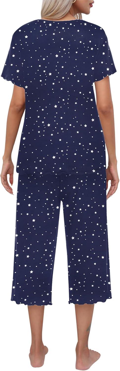 imageEkouaer Womens Pajamas Set Short Sleeve Top With Capri Pants Pjs Lounge amp Sleepwear Set SXXLNavyWhite Star
