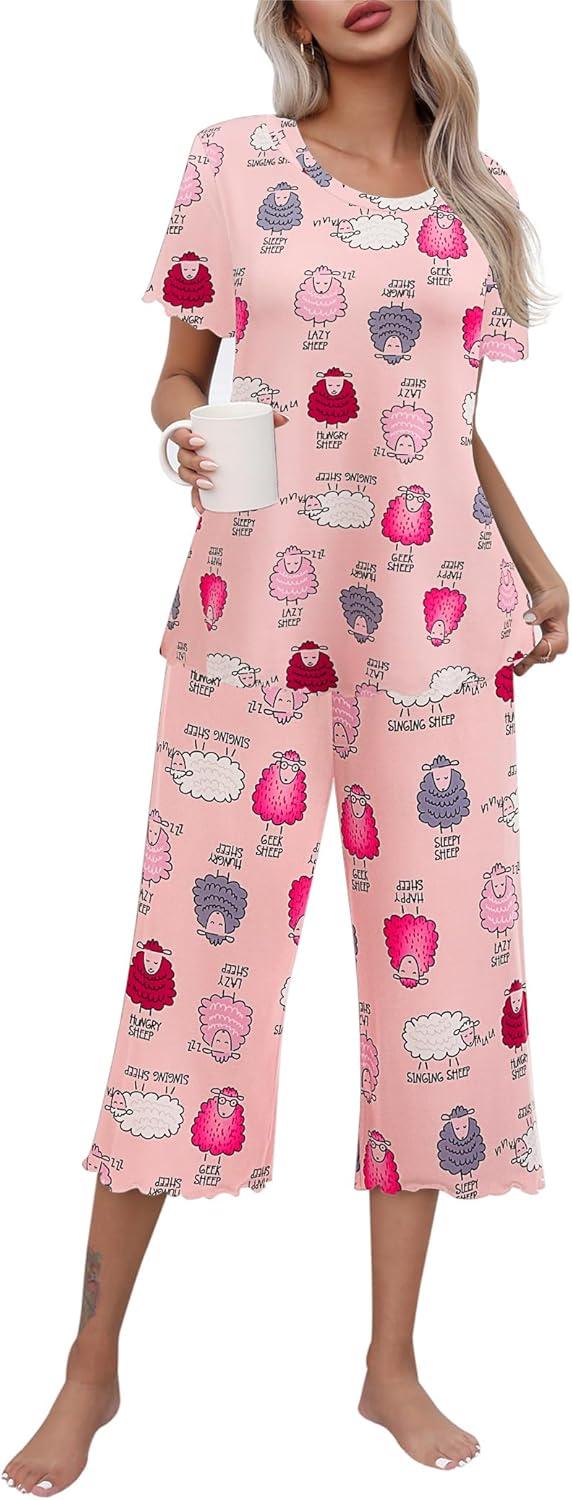 imageEkouaer Womens Pajamas Set Short Sleeve Top With Capri Pants Pjs Lounge amp Sleepwear Set SXXLPinkCute Sheep