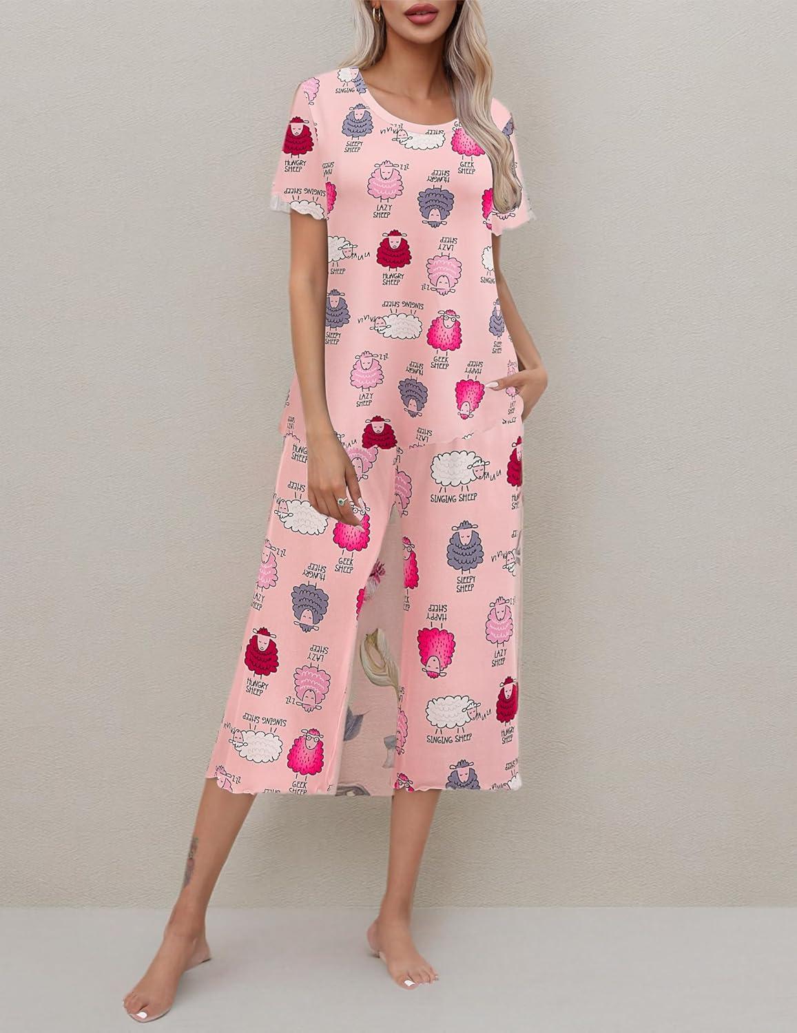 imageEkouaer Womens Pajamas Set Short Sleeve Top With Capri Pants Pjs Lounge amp Sleepwear Set SXXLPinkCute Sheep