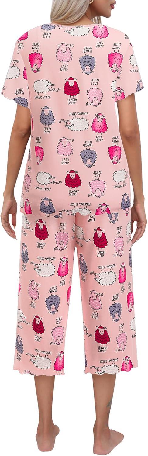 imageEkouaer Womens Pajamas Set Short Sleeve Top With Capri Pants Pjs Lounge amp Sleepwear Set SXXLPinkCute Sheep