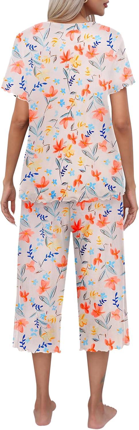 imageEkouaer Womens Pajamas Set Short Sleeve Top With Capri Pants Pjs Lounge amp Sleepwear Set SXXLWhiteOrange Flower
