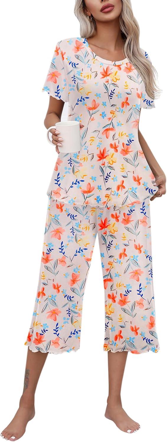 imageEkouaer Womens Pajamas Set Short Sleeve Top With Capri Pants Pjs Lounge amp Sleepwear Set SXXLWhiteOrange Flower