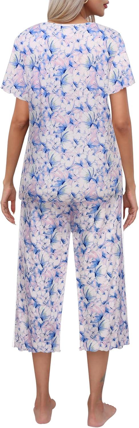 imageEkouaer Womens Pajamas Set Short Sleeve Top With Capri Pants Pjs Lounge amp Sleepwear Set SXXLWhitePinkBlue Butterfly
