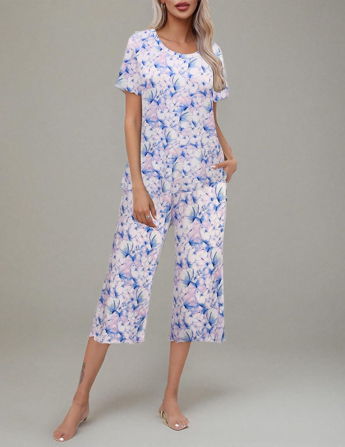 imageEkouaer Womens Pajamas Set Short Sleeve Top With Capri Pants Pjs Lounge amp Sleepwear Set SXXLWhitePinkBlue Butterfly