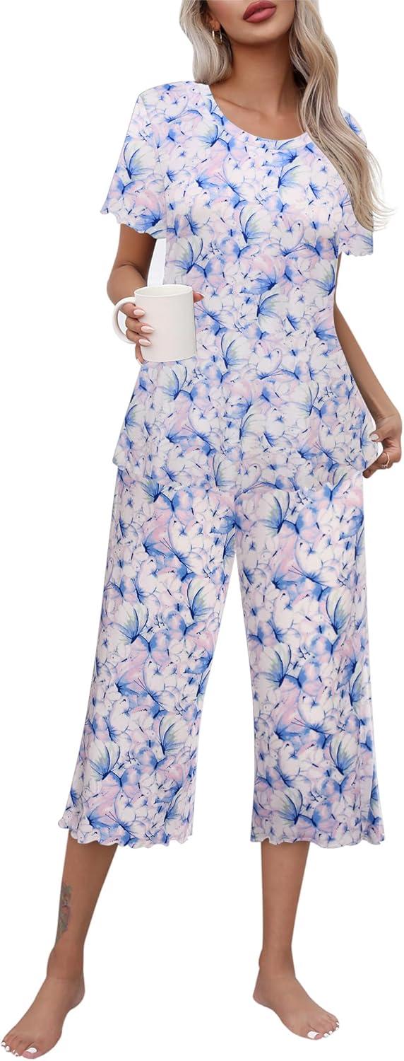 imageEkouaer Womens Pajamas Set Short Sleeve Top With Capri Pants Pjs Lounge amp Sleepwear Set SXXLWhitePinkBlue Butterfly