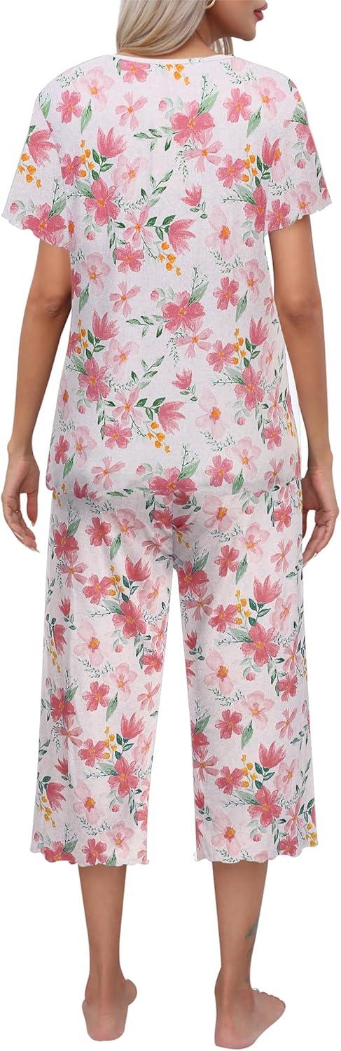 imageEkouaer Womens Pajamas Set Short Sleeve Top With Capri Pants Pjs Lounge amp Sleepwear Set SXXLWhiteRed Flower