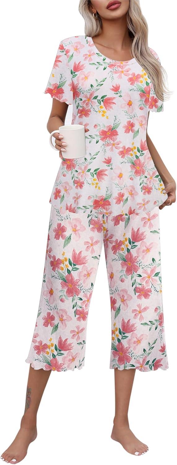 imageEkouaer Womens Pajamas Set Short Sleeve Top With Capri Pants Pjs Lounge amp Sleepwear Set SXXLWhiteRed Flower