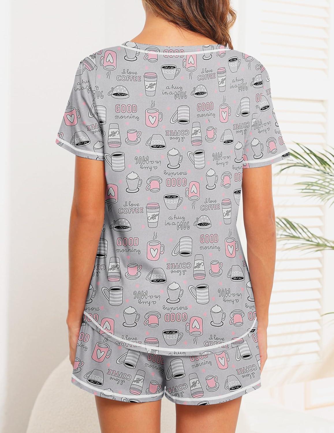 imageEkouaer Womens Pajamas Sets Short Sleeve Lounge Sets Sleepwear Casual Two Piece Pjs With PocketsCoffee Cup