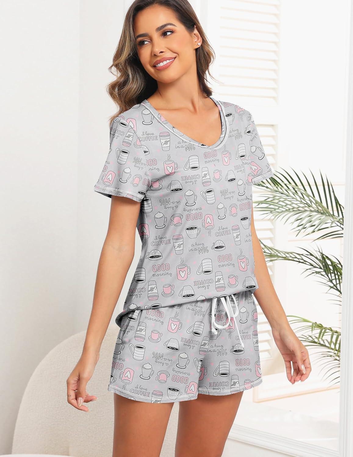 imageEkouaer Womens Pajamas Sets Short Sleeve Lounge Sets Sleepwear Casual Two Piece Pjs With PocketsCoffee Cup