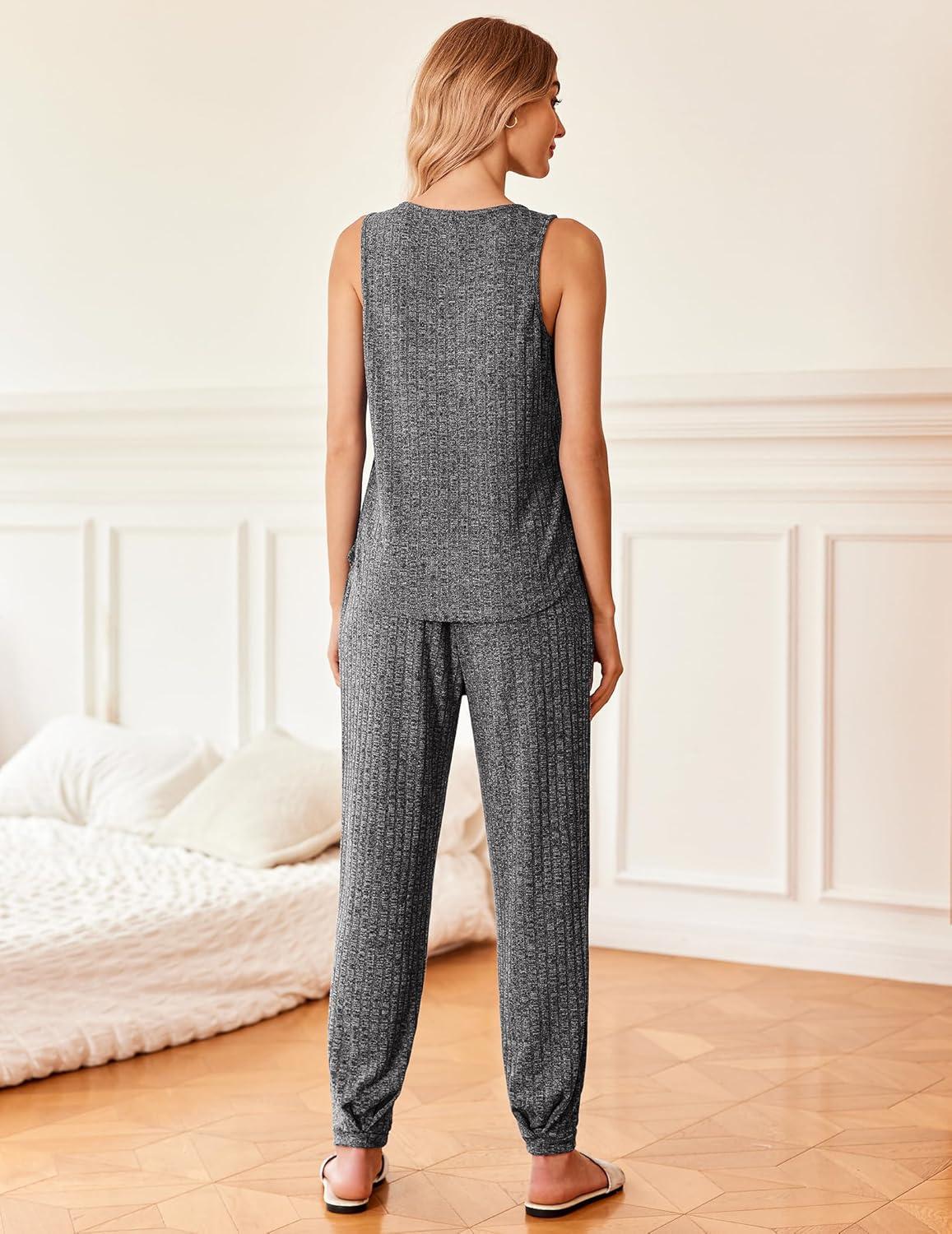 imageEkouaer Womens Pajamas Sleeveless Summer Lounge Set Ribbed Knit Pj Loungewear Soft Tank Sleepwear Nightwear SXXLDark Gray