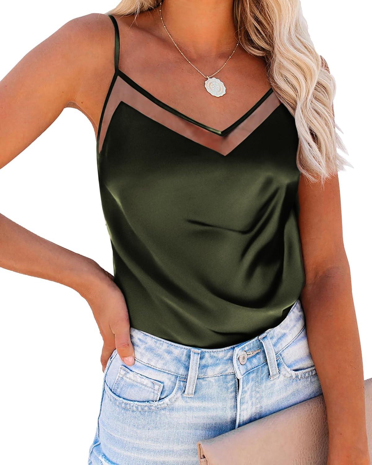 imageEkouaer Womens Silk Satin Cami Tank Top 2026 Mesh VNeck Adjustable Strap Sleeveless Summer Camisole BlouseArmy Green