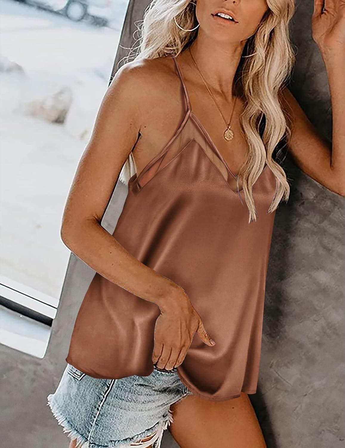 imageEkouaer Womens Silk Satin Cami Tank Top 2026 Mesh VNeck Adjustable Strap Sleeveless Summer Camisole BlouseLight Coffee