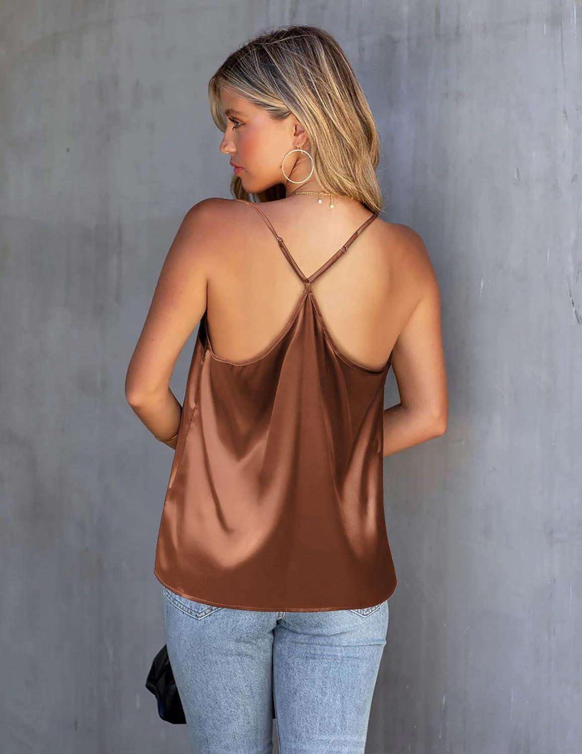 imageEkouaer Womens Silk Satin Cami Tank Top 2026 Mesh VNeck Adjustable Strap Sleeveless Summer Camisole BlouseLight Coffee