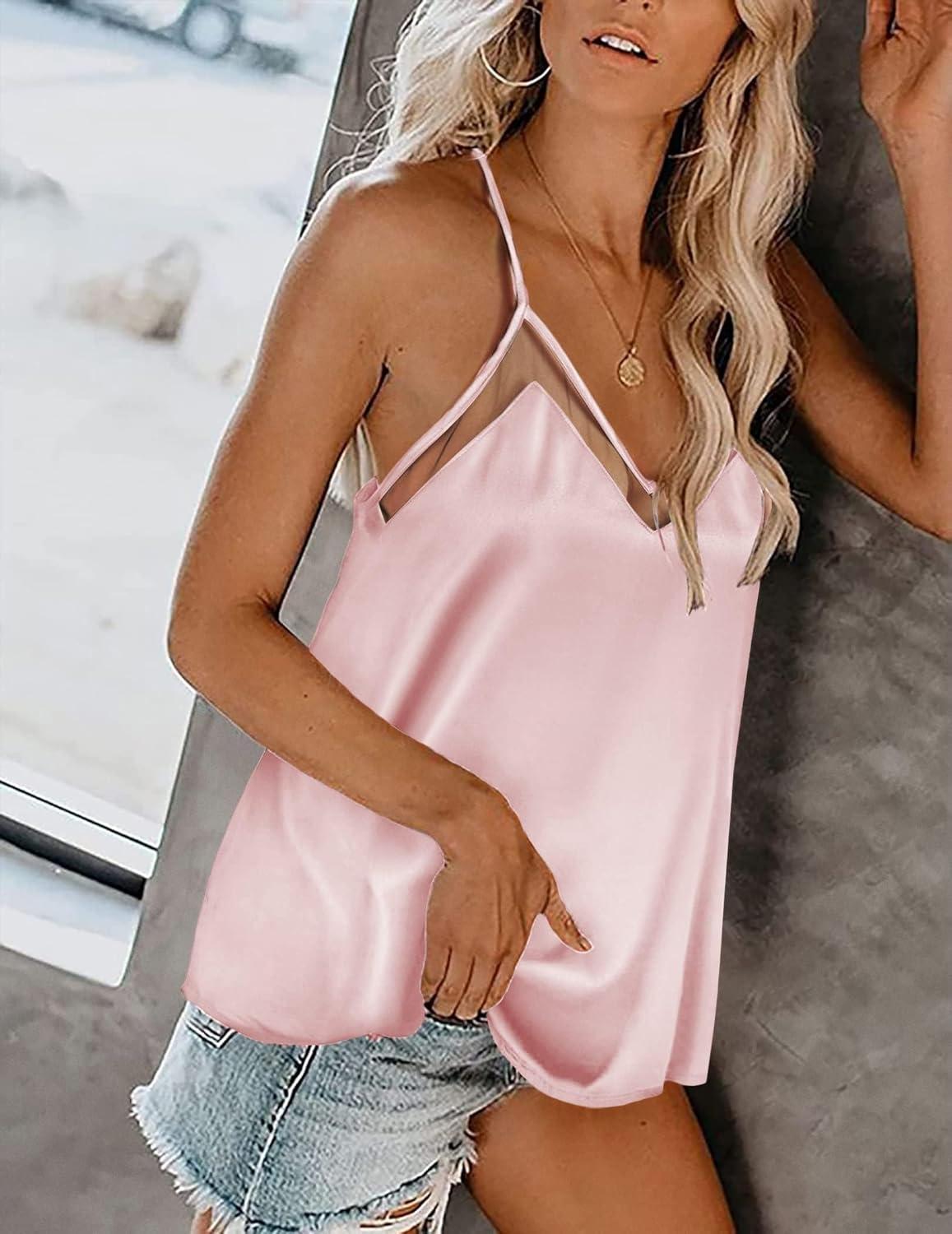 imageEkouaer Womens Silk Satin Cami Tank Top 2026 Mesh VNeck Adjustable Strap Sleeveless Summer Camisole BlouseLight Pink
