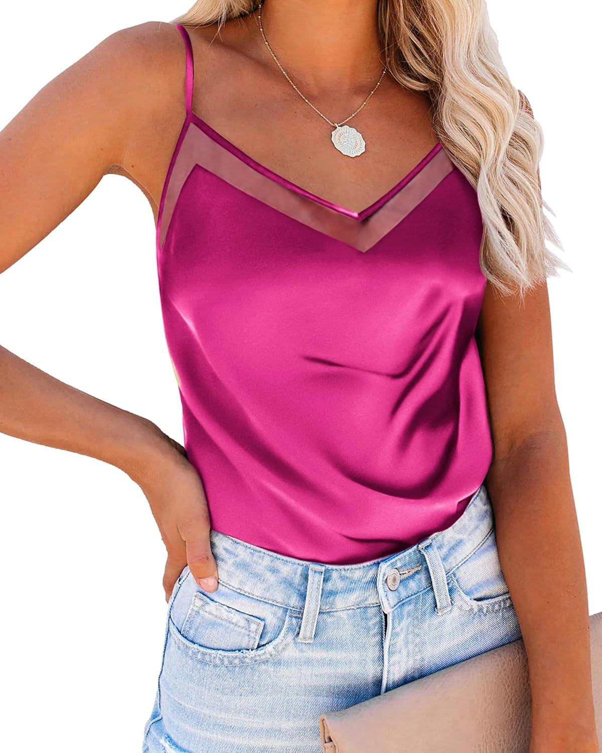 imageEkouaer Womens Silk Satin Cami Tank Top 2026 Mesh VNeck Adjustable Strap Sleeveless Summer Camisole BlouseRose Red