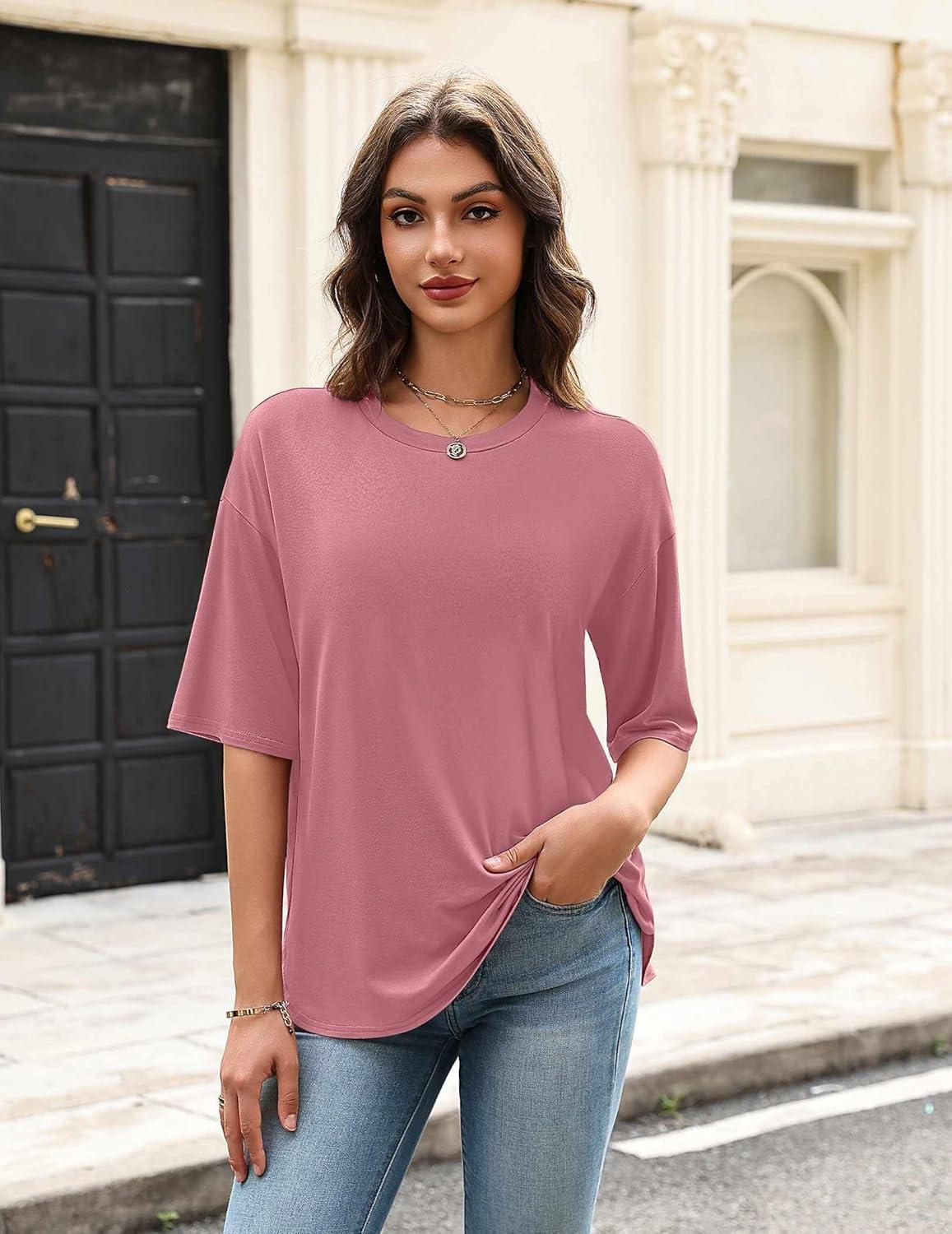 imageEkouaer Womens Two Piece Lounge Set Oversized Boxy Tshirt Casual Short Sets Summer Travel Matching Set 2026 FashionDark Pink