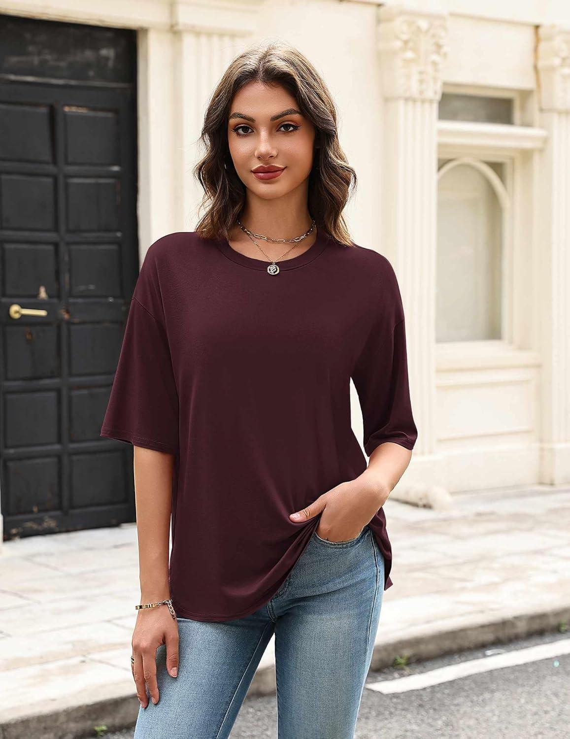 imageEkouaer Womens Two Piece Lounge Set Oversized Boxy Tshirt Casual Short Sets Summer Travel Matching Set 2026 FashionDark Red