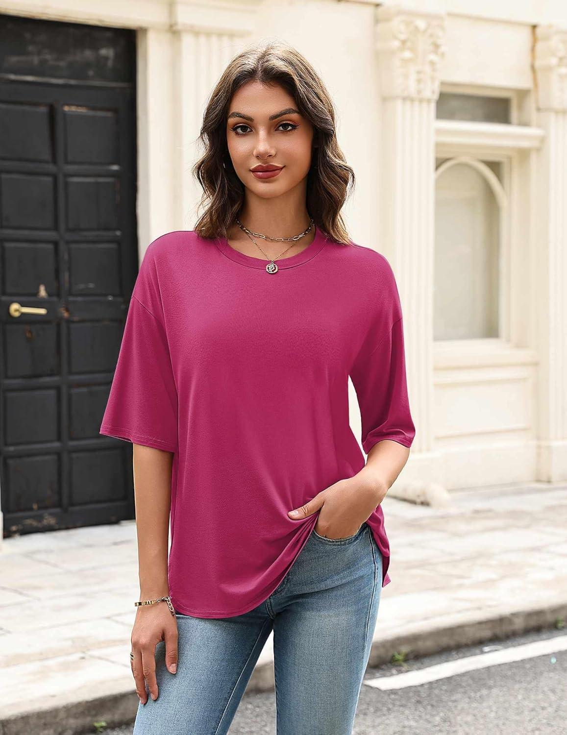 imageEkouaer Womens Two Piece Lounge Set Oversized Boxy Tshirt Casual Short Sets Summer Travel Matching Set 2026 FashionHot Pink
