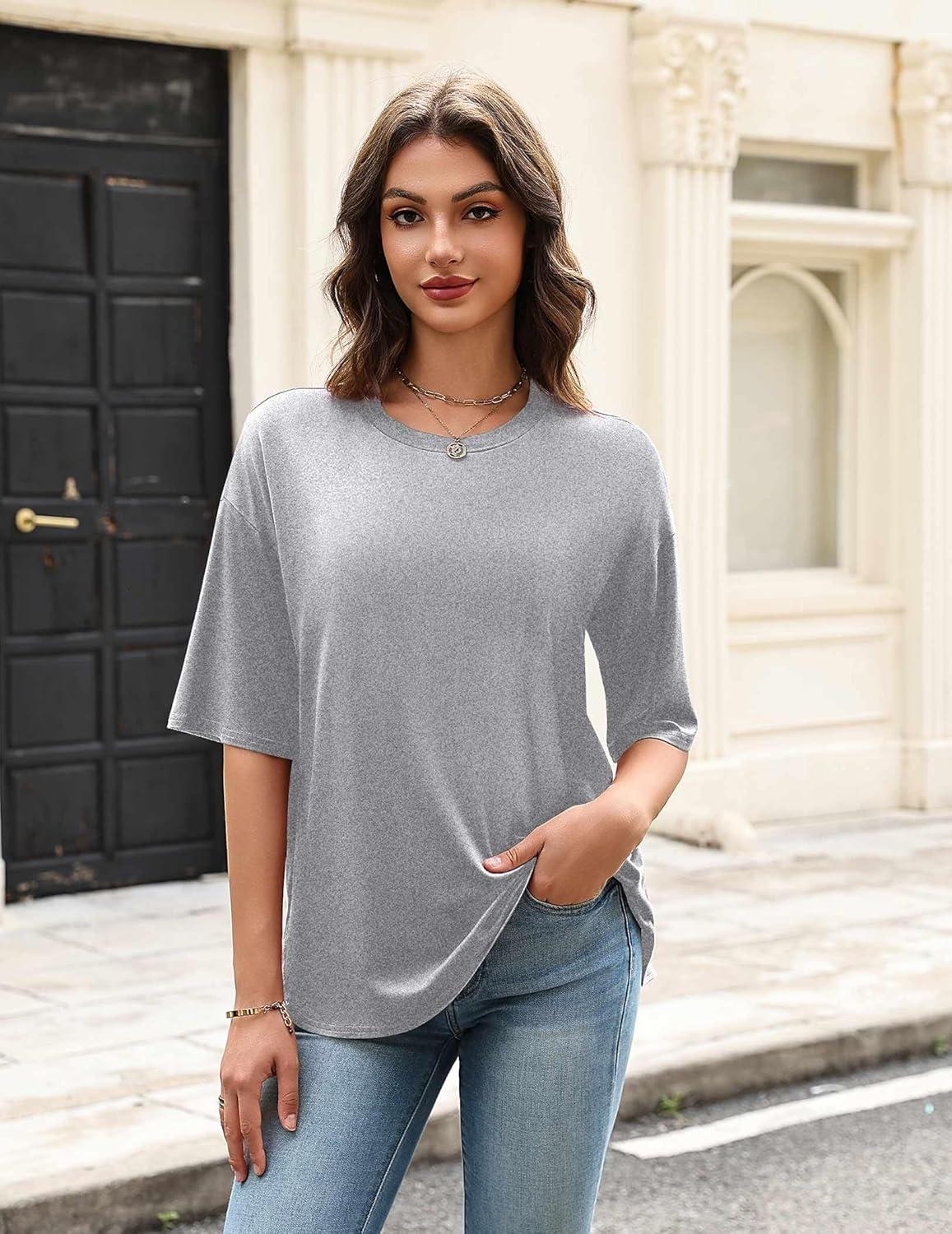 imageEkouaer Womens Two Piece Lounge Set Oversized Boxy Tshirt Casual Short Sets Summer Travel Matching Set 2026 FashionLight Gray