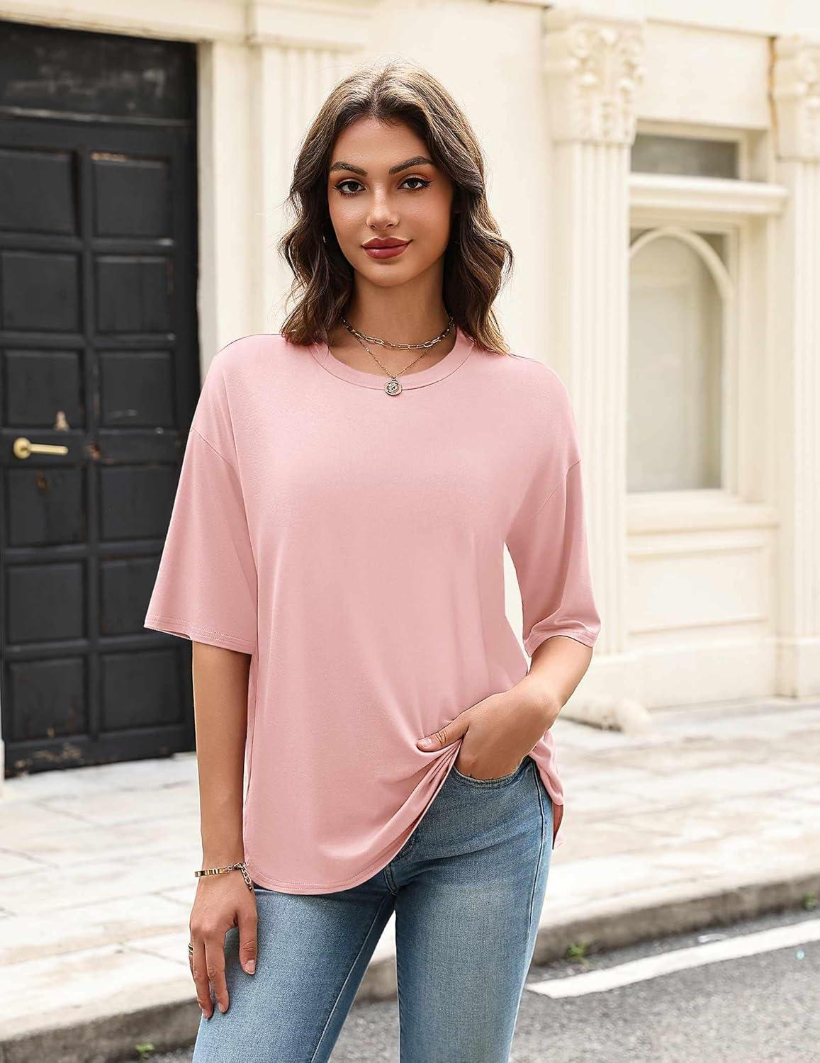 imageEkouaer Womens Two Piece Lounge Set Oversized Boxy Tshirt Casual Short Sets Summer Travel Matching Set 2026 FashionLight Pink