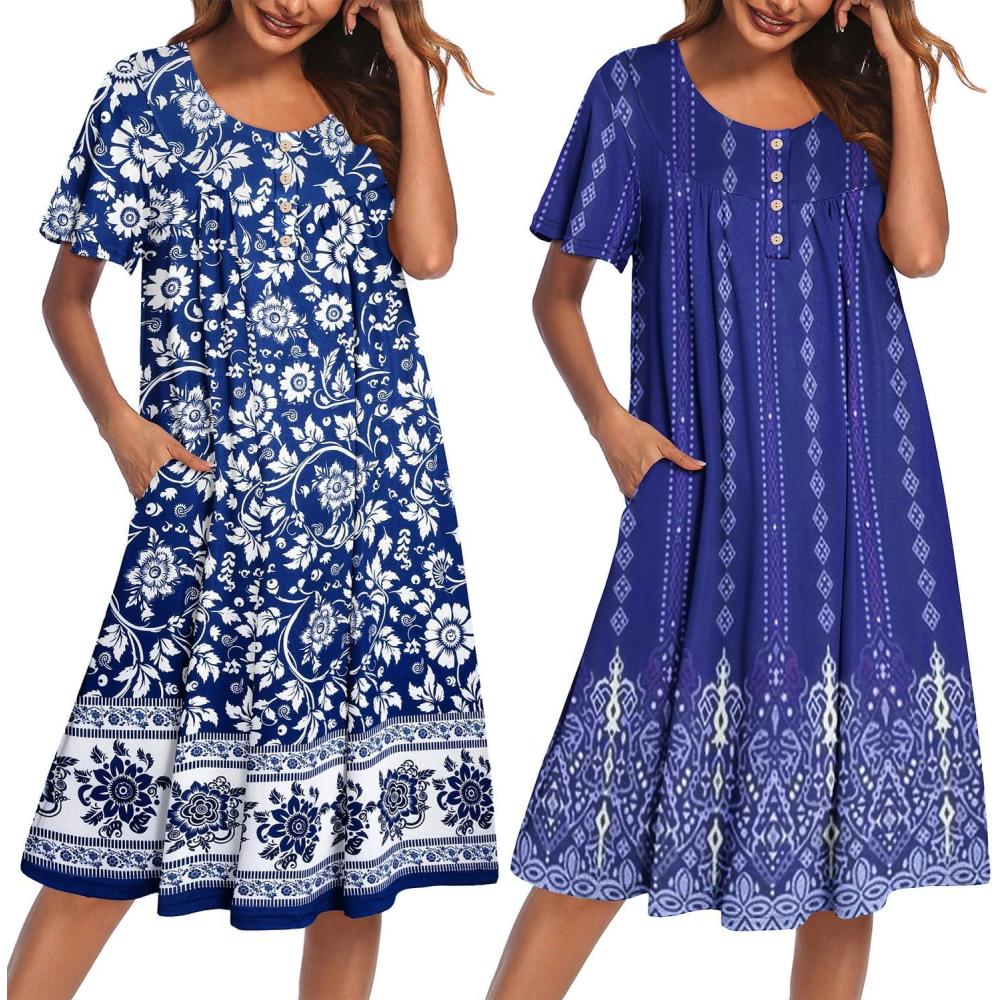 imageEkouaer 2 Pack House Dresses for Women with Pockets Short Sleeve Moomoo Nightgown Plus Size Mumu Dress Floral Lounge DressBohemian Flowers BlueFloral Blue