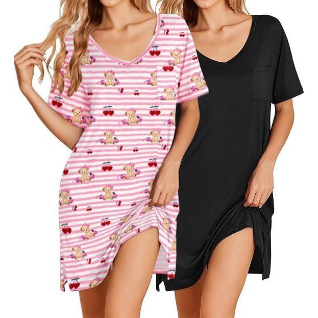 imageEkouaer 2 Pack Nightgowns for Women Short Sleeve Sleepshirt V Neck Nightshirt Casual Print SleepwearBlackPink Teddy
