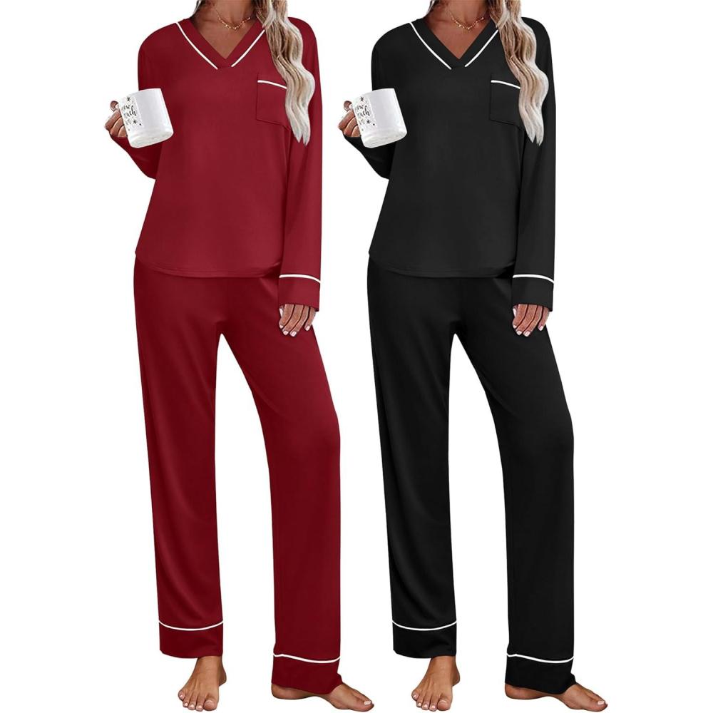 imageEkouaer 2 Pack Womens Pajama Set Long Sleeve Sleepwear Loungewear V Neck Pjs Sets with Pockets SXXLBlackWine Red