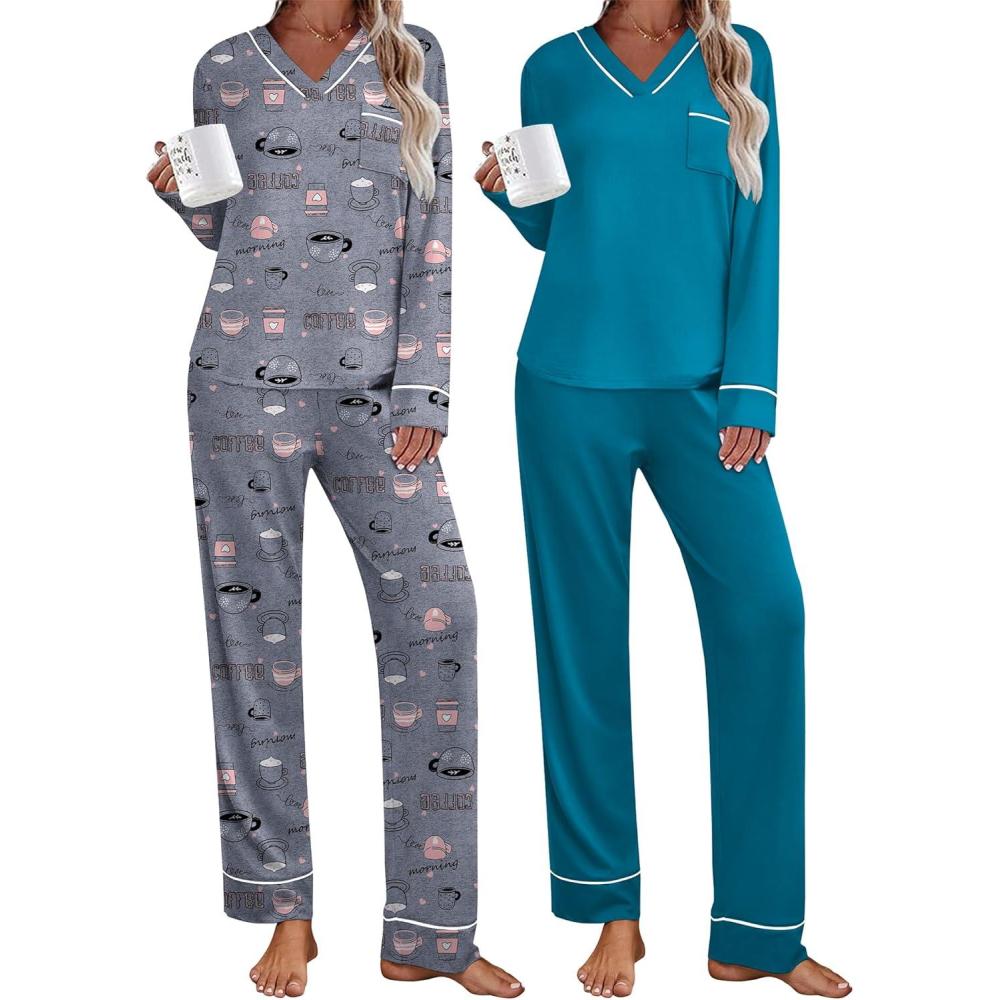imageEkouaer 2 Pack Womens Pajama Set Long Sleeve Sleepwear Loungewear V Neck Pjs Sets with Pockets SXXLBlue GreenCoffee