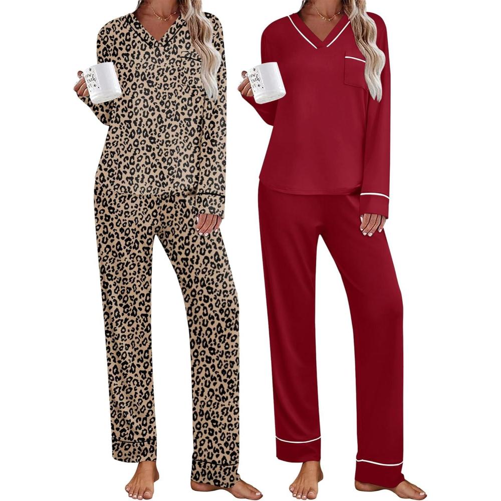imageEkouaer 2 Pack Womens Pajama Set Long Sleeve Sleepwear Loungewear V Neck Pjs Sets with Pockets SXXLRedLeopard