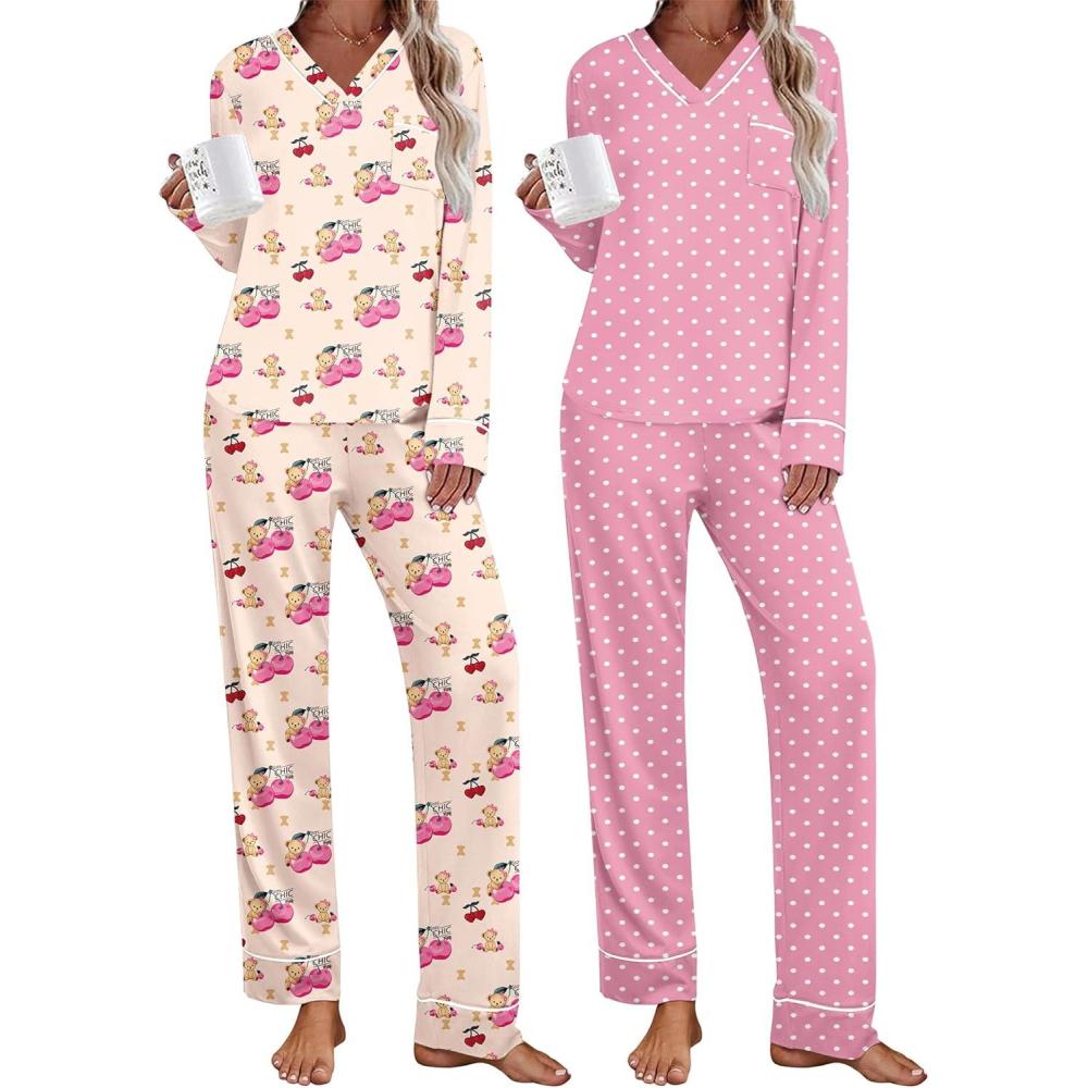 imageEkouaer 2 Pack Womens Pajama Set Long Sleeve Sleepwear Loungewear V Neck Pjs Sets with Pockets SXXLTeddyPink Dots