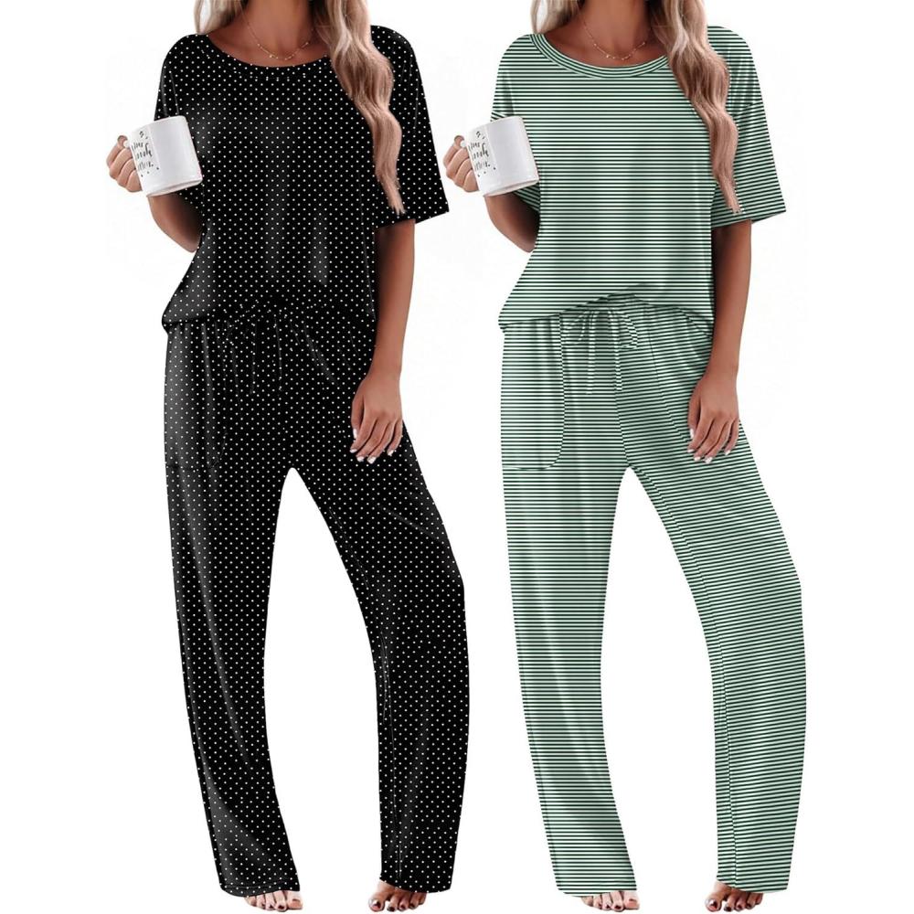 imageEkouaer 2 Pack Womens Pajama Sets Short Sleeve Tops and Long Pants Casual Comfy Pjs Lounge Set with PocketsSXXLGreen StripedBlack Dots