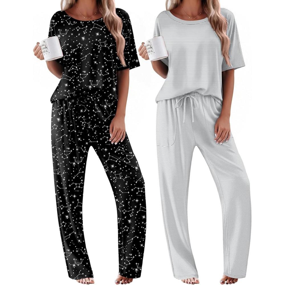 imageEkouaer 2 Pack Womens Pajama Sets Short Sleeve Tops and Long Pants Casual Comfy Pjs Lounge Set with PocketsSXXLGrey StripedBlack Stars