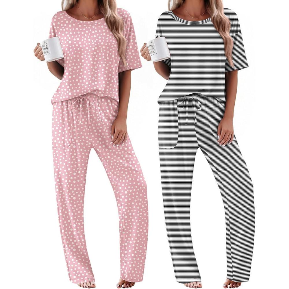 imageEkouaer 2 Pack Womens Pajama Sets Short Sleeve Tops and Long Pants Casual Comfy Pjs Lounge Set with PocketsSXXLPink DotsBlack Striped