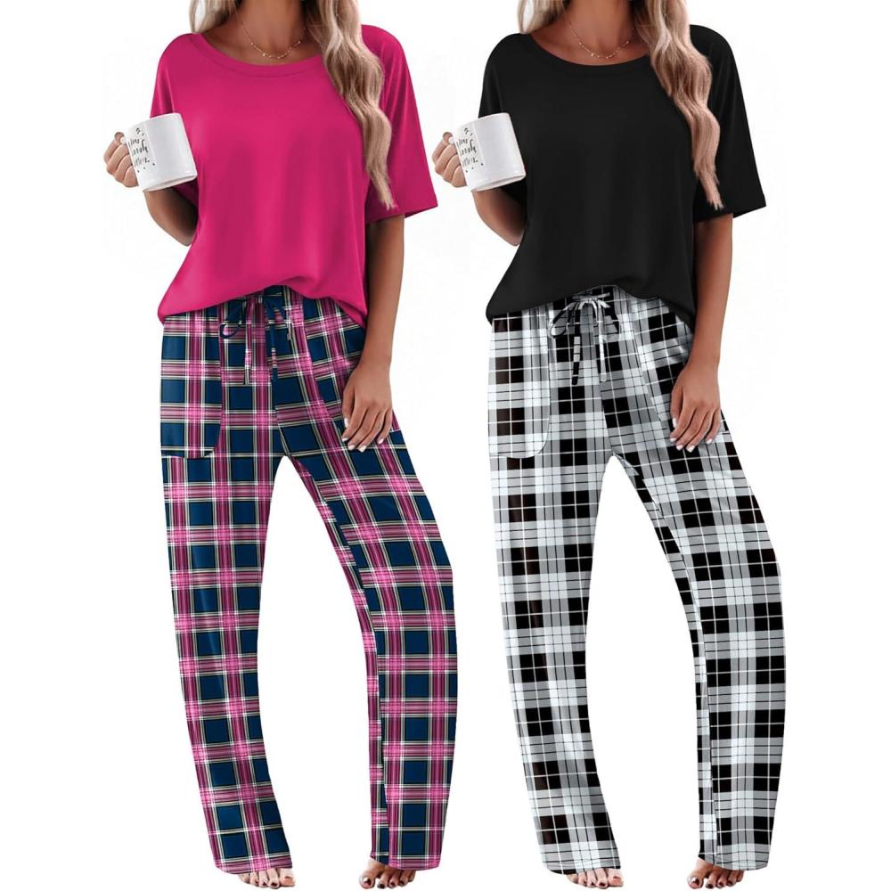 imageEkouaer 2 Pack Womens Pajama Sets Short Sleeve Tops and Long Pants Casual Comfy Pjs Lounge Set with PocketsSXXLRose PlaidBlack Plaid