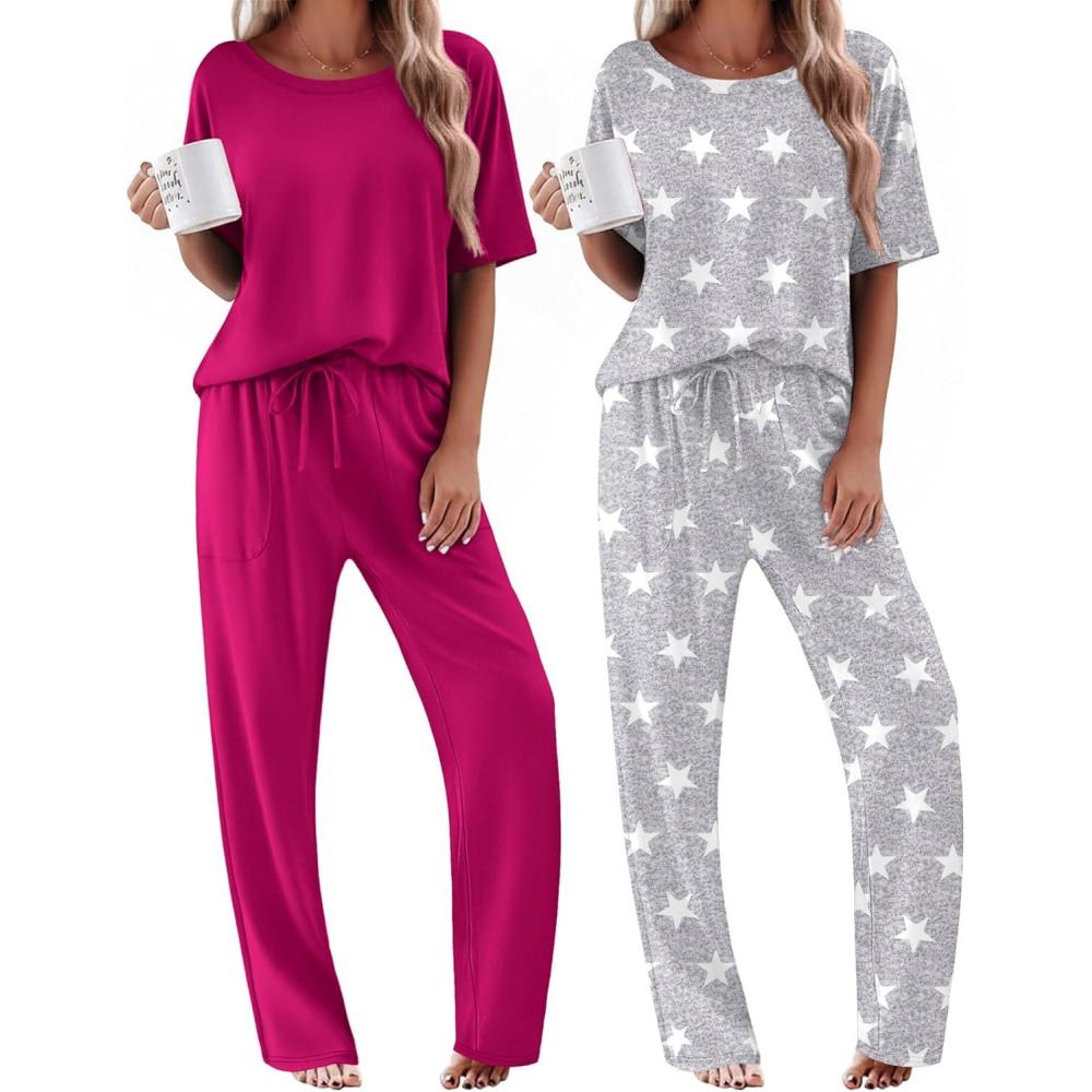 imageEkouaer 2 Pack Womens Pajama Sets Short Sleeve Tops and Long Pants Casual Comfy Pjs Lounge Set with PocketsSXXLRoseLight Grey Stars