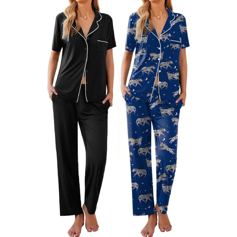 imageEkouaer 2 PackWomens Pajamas Short Sleeve Pjs Notch Collar Button Up Loungewear Cozy Sleepwear SetsZebrablack