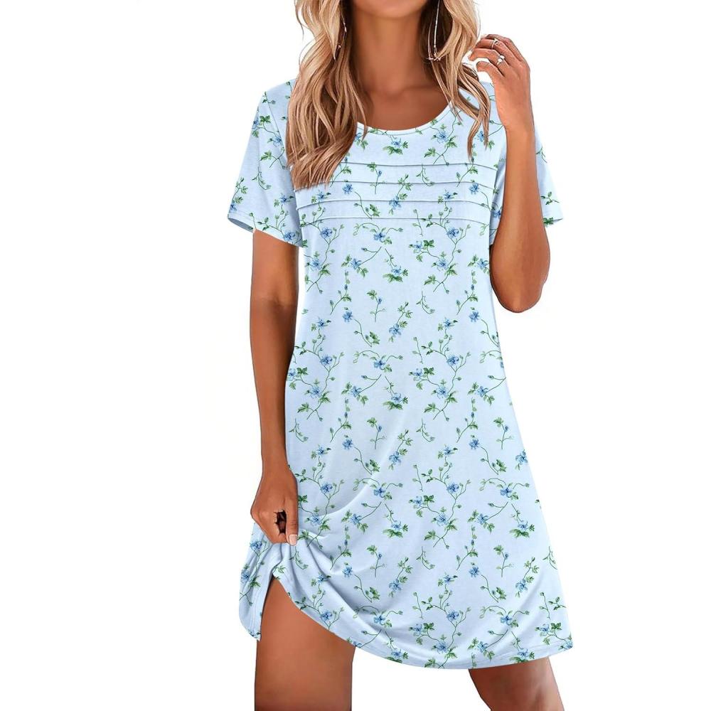 imageEkouaer Cotton Nightgowns for Women Short Sleeve Sleep Shirts Pleated Night Shirts Soft Crew Neck Night GownBlue Floral